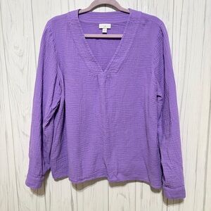 J.JILL Cotton Gauze Long-Sleeve V-Neck Top in Lavender Purple, Large